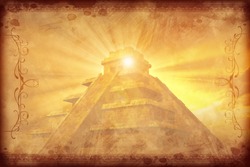 Mayan Vintage Background with Darker Ornaments. Gold-Browny Vintage Mayan Civilization with Mayan Pyramid Background.