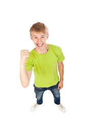 handsome excited man happy smile hold arm hands fist raised up gesture, top angle full length portrait, above view of young guy wear green t shirt, looking at camera, isolated over white background