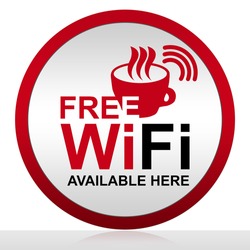 Circle Free Wifi Available Here With Glossy Style for Coffee Shop Isolated on White Background