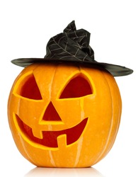 Funny Halloween pumpkin with black hat isolated on white background