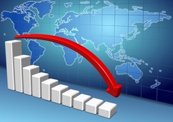 3d down chart and red arrow with a map of world in the background / world economy slowing down