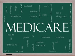 Medicare Word Cloud Concept on a Blackboard with great terms such as health, care, hospital, tax, enrollment, part d and more