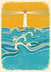Sea waves horizon on old paper texture.Vector illustration with lighthouse
