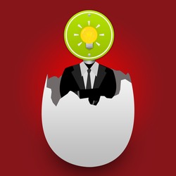 A Businessman Who Have The Light Bulb Road Sign on Head Stand Inside The Broken Egg With Red Glossy Background