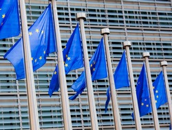 European flags in front of the Berlaymont building, headquarters of the European commission in Brussels.