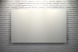 Blank white frame on white brick wall background with spot lights in museum