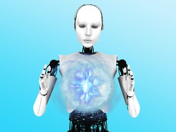 A robot woman holding a glowing plasma sphere of energy between her hands.