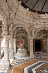 AHMEDABAD, GUJARAT, INDIA - AUGUST 21 : Hutheesing Jain Temple on August 21, 2012 in Ahmedabad. Dome on a deity in the basement, situated in one corner of 'Rangamandapa' hall for musical performance.