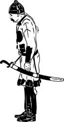 sketch of ancient warrior in a helmet and by a sabre