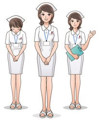 Set of young cute nurse welcoming with a smile, guiding information. Cartoon Nurse.