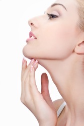 Portrait of a girl with clean skin and grace hand closeup