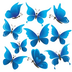 Set abstract blue butterflies with opened wings on white background. Vector