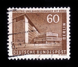 GERMANY - CIRCA 1957: A stamp printed in Germany (West Berlin), shows the building of Chamber of Commerce and Industry and Market in West Berlin , circa 1957