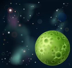 An outer space cartoon background with fantasy moon in the foreground