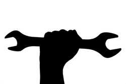 A silhouette of a hand holding a wrench isolated on white background