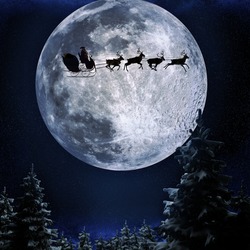 Santa flying in his sleigh against a full moon background with stars and Christmas tree's.Moon texture courtesy of www.nasa.gov