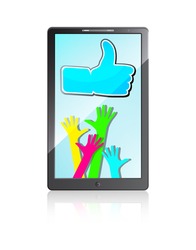 Mobile phone with Happy hands and "Like" symbol on a white background