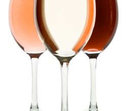 three glasses with white, rose and red wine