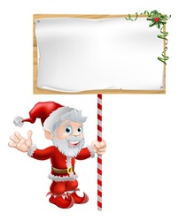 Christmas illustration of Santa Claus holding a large sign board