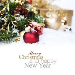 Christmas composition with snow and Christmas decoration (with sample text)