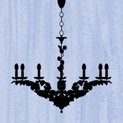 silhouette of luxury chandelier on a scratched blue wallpaper/ template design of invitation with chandelier