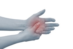 Acute pain in a man palm. Female holding hand to spot of palm-ache. Concept photo with Color Enhanced blue skin with read spot indicating location of the pain. Isolation on a white background.