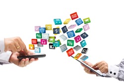 colorful application icons with Hand holding the phone and tablet pc, isolated on white background