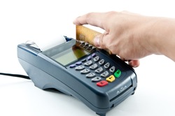 Close up Payment machine on during using Credit card from customer in shopping mall