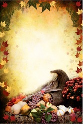 Photo based illustration of an autumn background with a Cornucopia or Horn of Plenty on bales of straw with fresh vegetables and fruit spilling out. Flier / flyer has empty copy space for text.