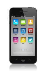 Smartphone with applications icons on a start screen illustration. Isolated on white. High quality very detailed realistic object.