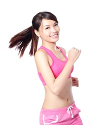 Runner girl isolated. Running fitness sport woman jogging smiling happy isolated on white background. model is a asian female
