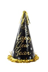 Happy New Year party hat, black with gold lettering, cone-shaped, shiny, gold fringe and tassel. Vertical,, isolated on white background.