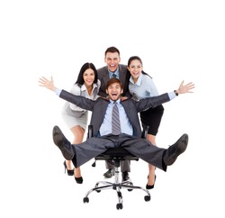 Successful excited Business people group team push colleague sitting in chair, young businesspeople smile raised hands arms, Isolated over white background, concept of leader success collaboration