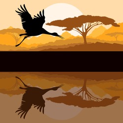 Crane flying in wild mountain nature landscape background illustration vector