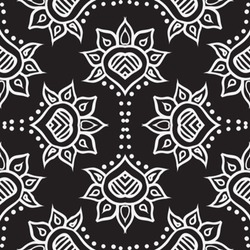 hand drawn folk ethnic ornament, with thick lines and stylized flowers, very detailed, in black and white for spring fashion, seamless fabric texture, vector background