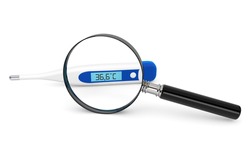 Health Care concept. Medical digital thermometer with magnifier on a white background