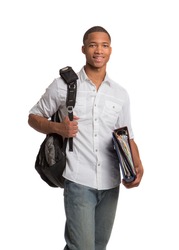 Happy African American College Student Holding Binders on Isolated White Background