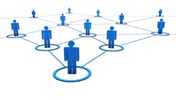 Social Network concept with connection of 3d people by dotted blue lines on white background.