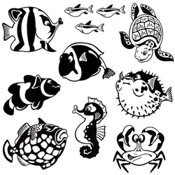fishes and sea animals,vector set,black and white cartoon images isolated on white background,children illustration