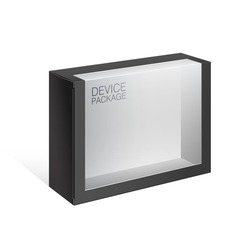 Black Package Cardboard Box with a transparent plastic window. For, electronic device, toys, games, Software and other products.Vector illustration