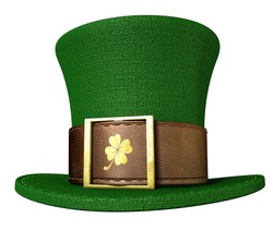 A green material leprechaun hat with a brown leather band emblazened with a gold shamrock and buckle on an isolated background