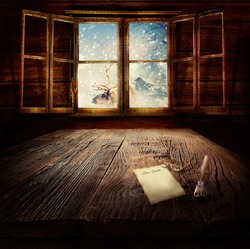 Christmas design - Dear Santa. Xmas winter background in wooden cabin with letter to Santa Clause, reindeer and winter landscape in the back.