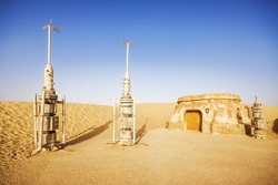 SAHARA, TUNISIA - JUL 10: Abandoned sets for the shooting of the movie Star Wars in the Sahara desert on a background of sand dunes on July 10, 2012 in Sahara, Tunisia