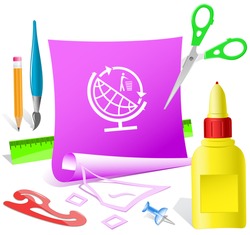 Globe and recycling symbol. Paper template. Raster illustration.