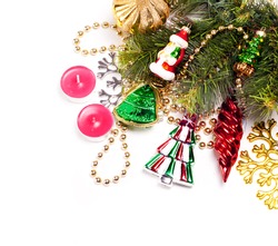 New year card with beautiful color decorations, fur tree and place for text