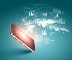 Modern communication technology illustration with mobile phone and high tech background