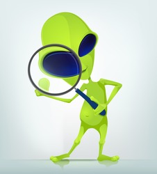 Cartoon Character Funny Alien Isolated on Grey Gradient Background. Search. Vector EPS 10.