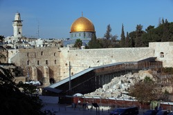 Western Wall (Wailing Wall, Kotel) and Dome of the Rock Al-Aqsa in Jerusalem, Israel