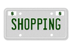 The word Shopping on a gray license plate with dollar sign symbol isolated on white, Shopping Car License Plate