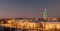Arkhangelsk, Russian northern city. Solovetsky monastic metochion and skyscraper building view.